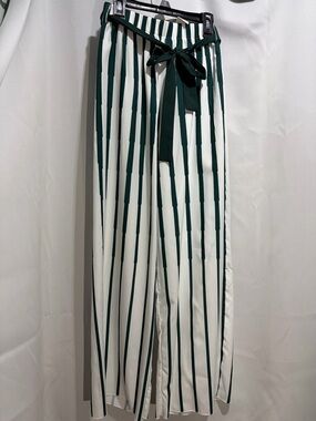 SHEIN Green and White Striped Tie-Waist Trousers